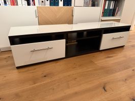 TV Unterschrank schwarz weiss Glasablage mit Schubladen