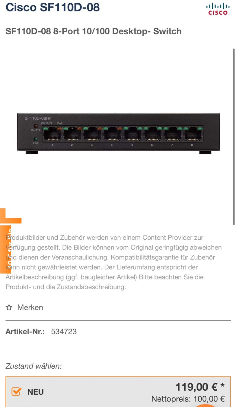 Hub & Switch: neuer Cisco Desktop Switch SF110D-08 – Nuovo e nell'imballaggio originale da Necker venduto da liq24