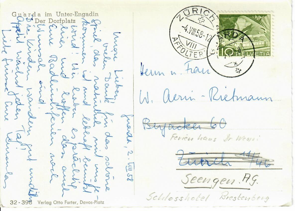 Cartoline postali: Guarda mit Dorfbrunnen  1958 – Usato da Hochdorf venduto da Ziegel-16 1