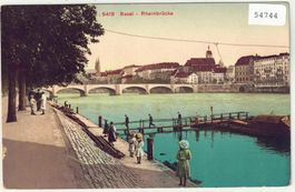 Basel - Rheinbrücke mit Fähre - animee - Litho