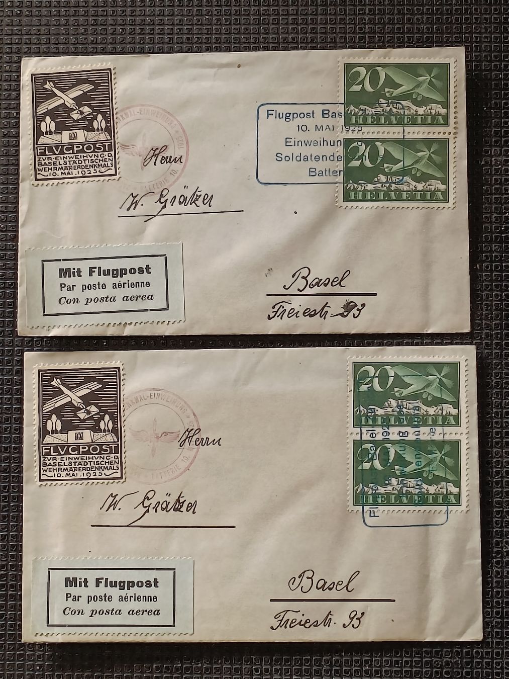 Alle Briefmarken: Zwei Flugpost Briefe mit Flugpost Vignetten Basel 1925 – Gebraucht aus Brugg AG von Ente015