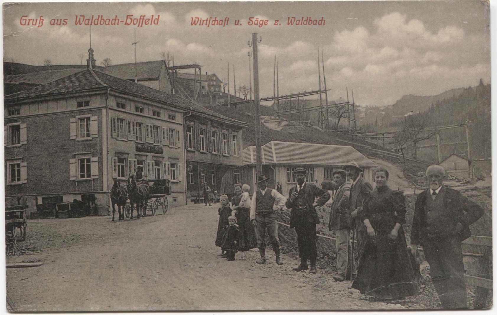 Cartoline postali: HOFFELD-WALDBACH SG Restaurant Säge mit Bahnbau BT-Bahn – Usato da Wil SG venduto da Clanx