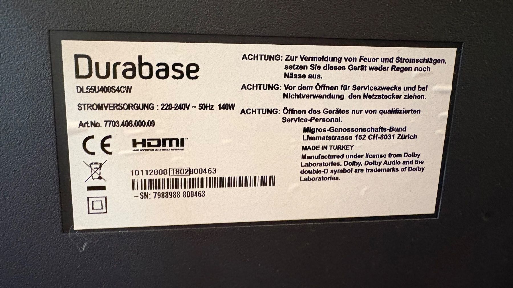 Durabase Appareils TV: TV Durabase 55" – D'occasion à Zofingen par Nicolas4800 4