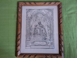 Belle gravure ancienne : Vierge Marie - Pieta - Cadre Bois