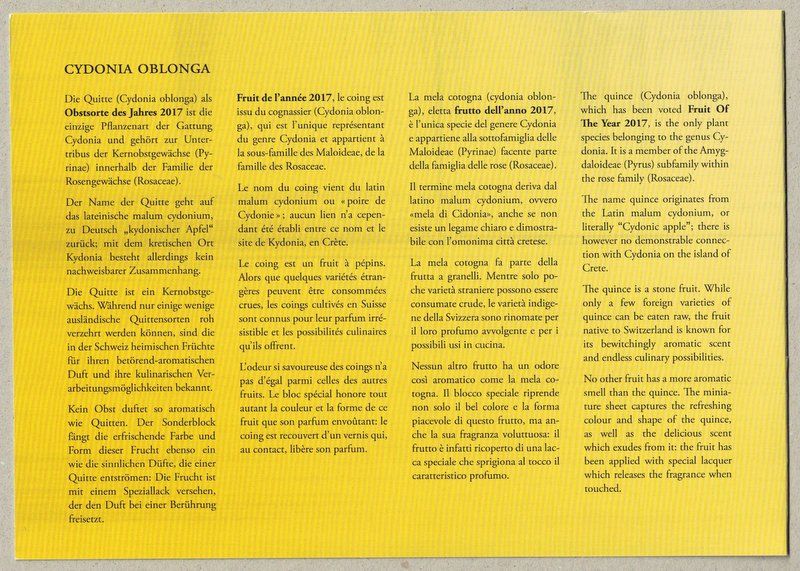 Tutti i francobolli: Karte-PTT, Quittenduft, Text - Block, 7.9.2017 Bern – Nuovo (secondo la descrizione) da Bonstetten venduto da Pinguin75 2