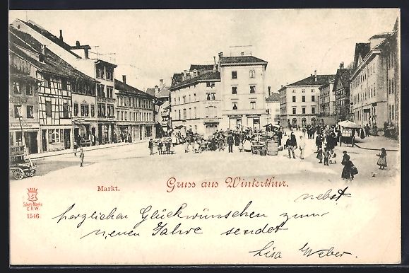 Cartoline postali: AK Winterthur, Restaurant am Markt, 1898 – Usato da Berlin venduto da bartko-reher