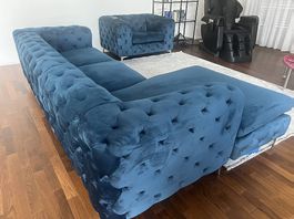 Elegantes Chesterfield Ecksofa mit Sessel  Samt Petrol