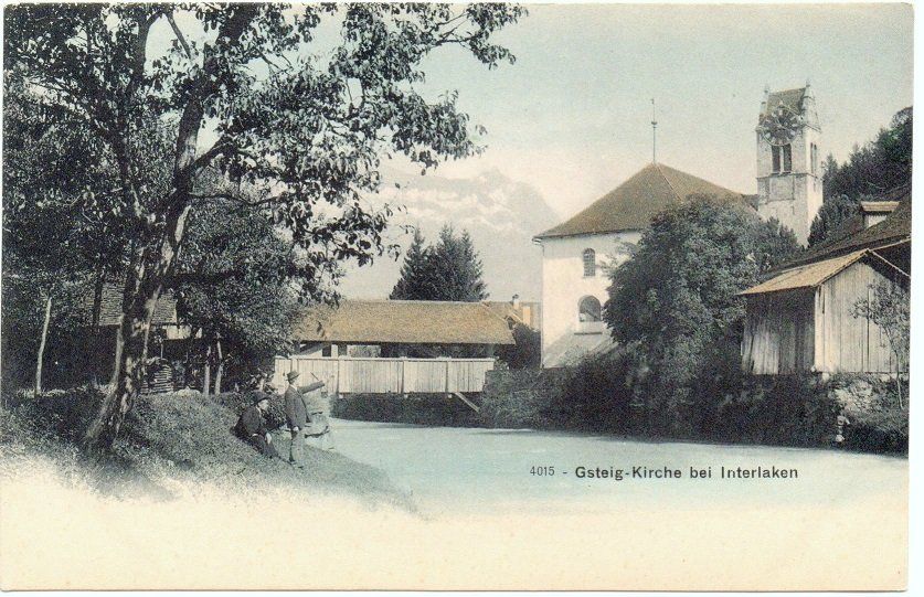 Ansichtskarten: GSTEIG Kirche bei Interlaken - 2 Mann am Ufer – Neu (gemäss Beschreibung) aus Jona von philajona