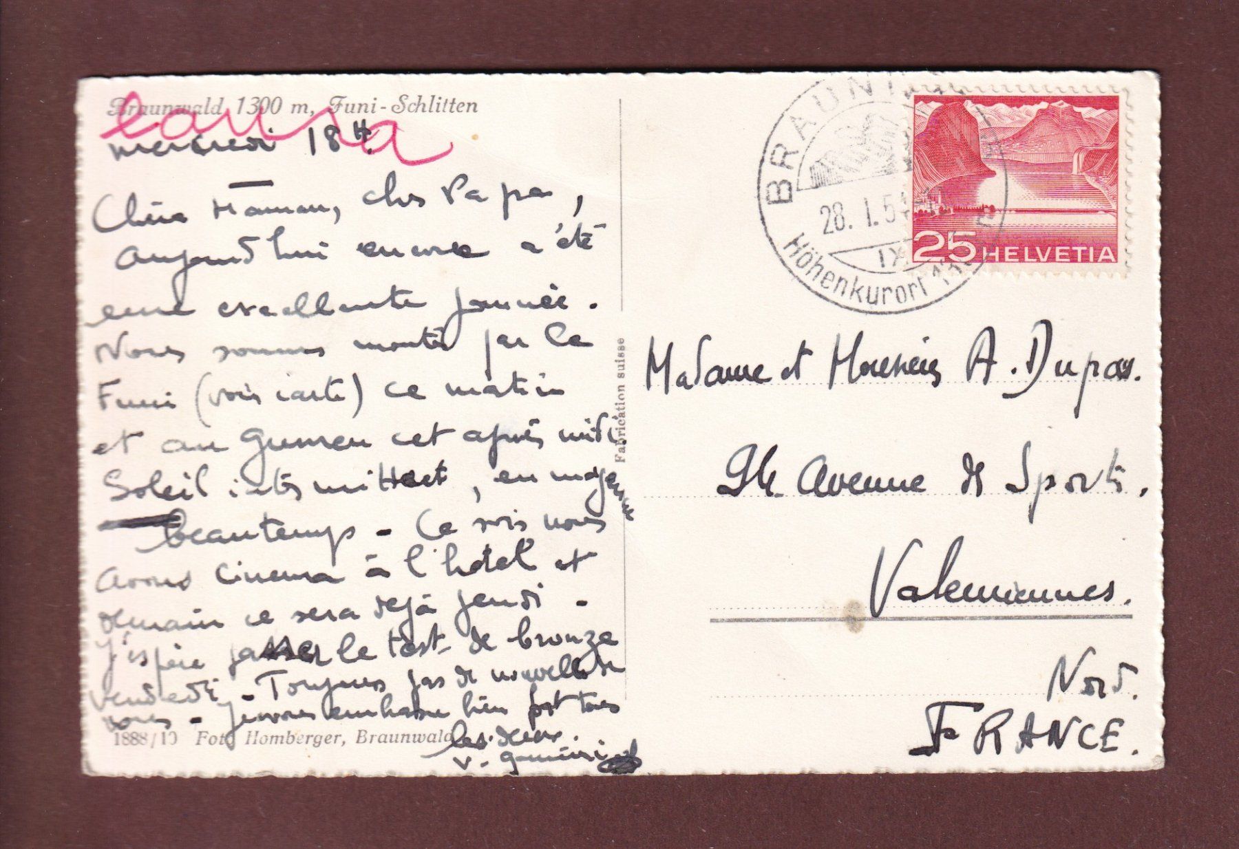 Cartoline postali: BRAUNWALD - Funi-Schlitten - 1954 // Falte // – Usato da Pully venduto da nicecards 1
