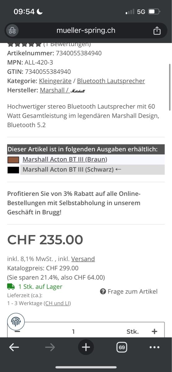 Marshall Casse acustiche: Marshall Acton III Bluetooth Lautsprecher - Schwarz! – Nuovo (secondo la descrizione) da Bülach venduto da mya192 1