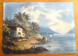 kleines idyllisches Landschafts-Oelbild, Hütte am Wasser