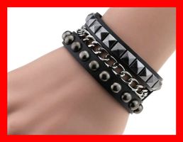 3 faches Nietenband Lederband Gothic Armband Metall Rock