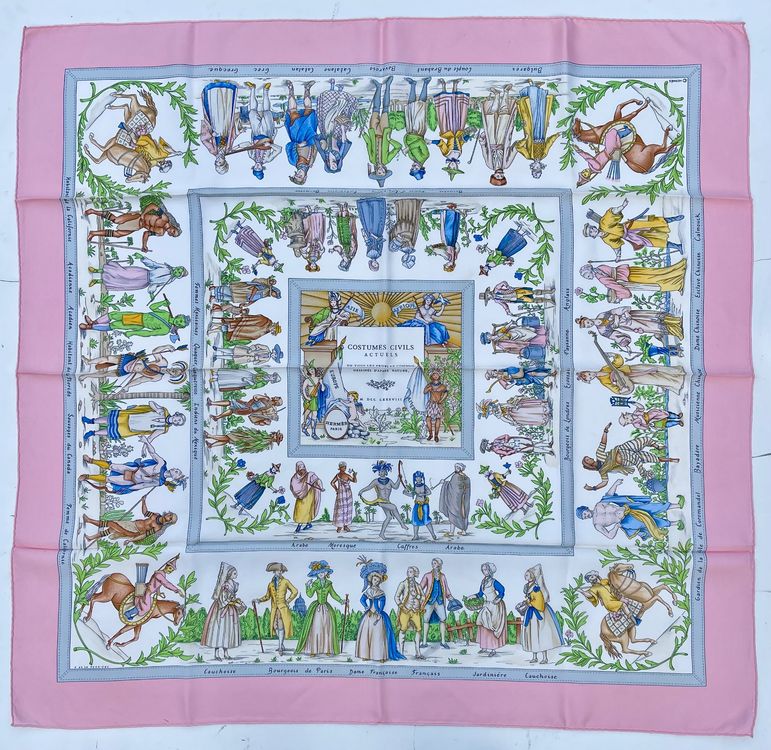 Carré Hermès 90x90 Cm En Soie - Motif Sportsmen, Vert Chasse, Blanc, Beige, Occasion