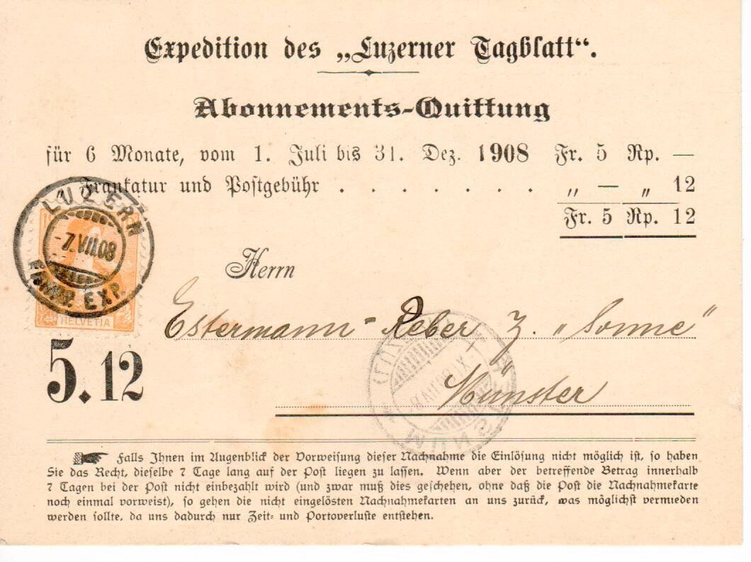 Alle Briefmarken: PK, Expedition des Luzerner Tagblatt 1908 – Gebraucht aus Wolhusen von Curver9