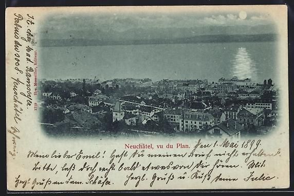 Cartoline postali: Mondschein-AK Neuchâtel, Vue du Plan – Usato da Berlin venduto da bartko-reher