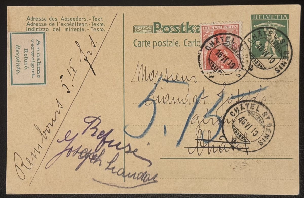 Alle Briefmarken: Schweiz 1911 Postkarte Retour Refusé Bern – Gebraucht aus birsfelden von tim0444