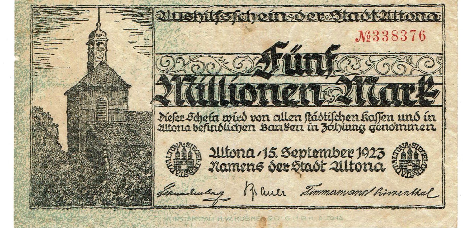Banconote: Altona 5 Mil.Mark 15.09.1923 SS+-SS++ – Usato da Steffisburg venduto da ber_8htf