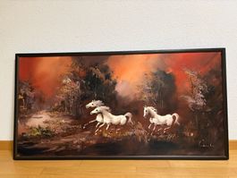 123.5cmbreitx63cm/ Corti/Ölgemälde Pferde im Sonnenuntergang