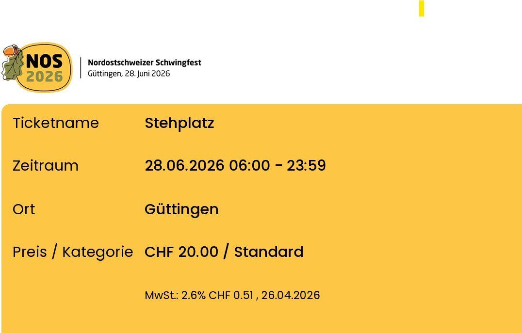 Biglietti: Nordostschweizer Schwingfest 2026 - Stehplatz – Nuovo (secondo la descrizione) da Stallikon venduto da La_Furia_Roja