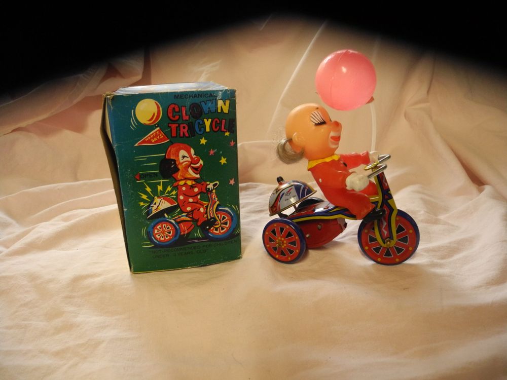 Jouet En Tôle Vintage Clown Sur Tricycle – MTU Années 60/70 – Neuf En Boîte