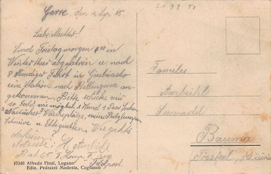 Cartoline postali: Un saluto dalle Gerre, datata 1915 – Usato da Frauenfeld venduto da POML 1