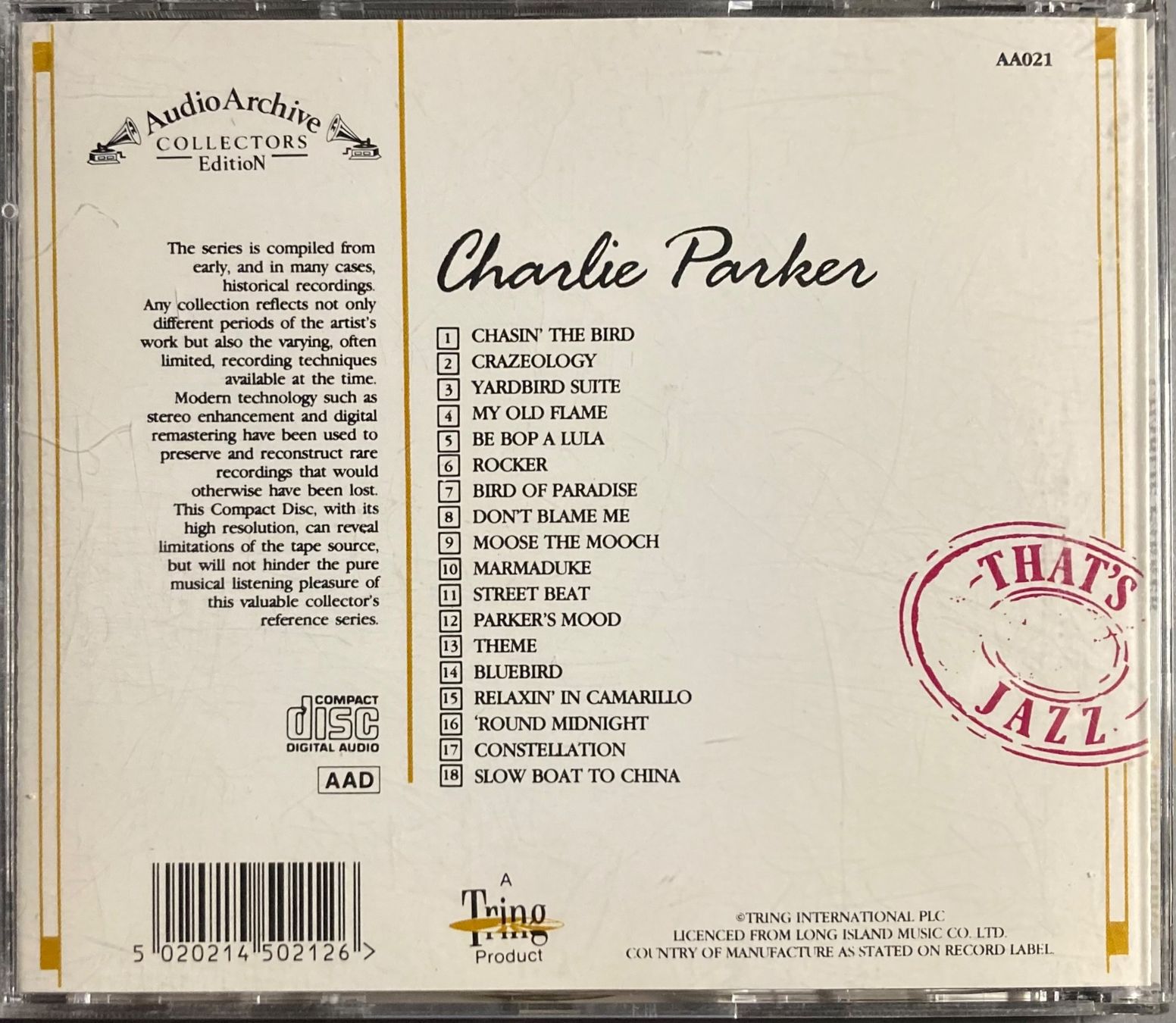 CD: CHARLIE PARKER - 18 REFLECTIVE RECORDINGS – Usato da Poliez-Pittet venduto da Newtown-Records 1