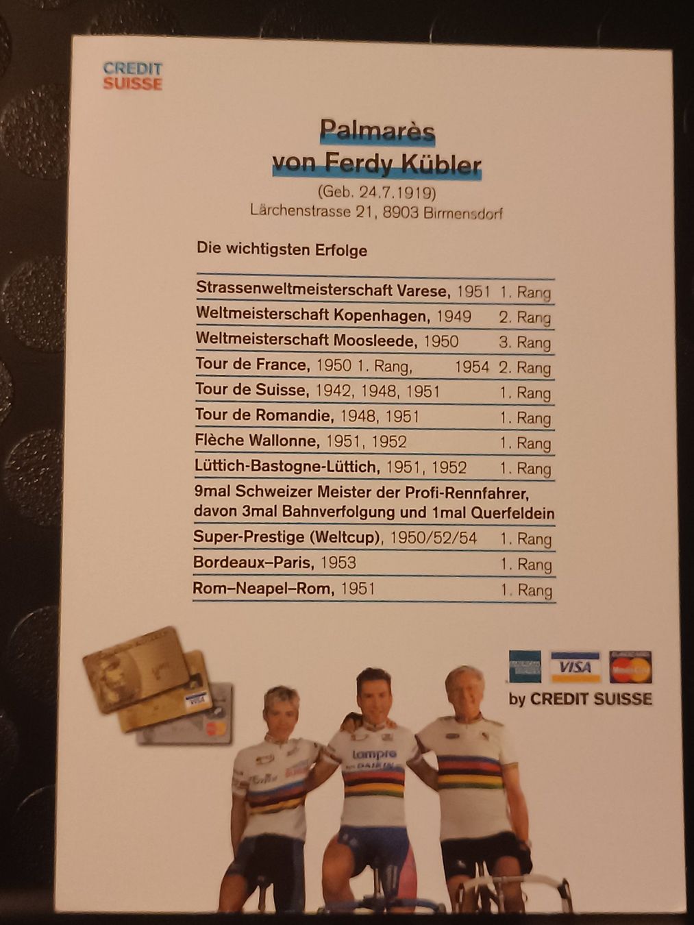 Autografi: Ferdy Kübler - handsignierte Autogrammkarte – Usato da Menziken venduto da Artographs 1