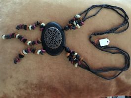 Collier long nature bois et pierres brunes