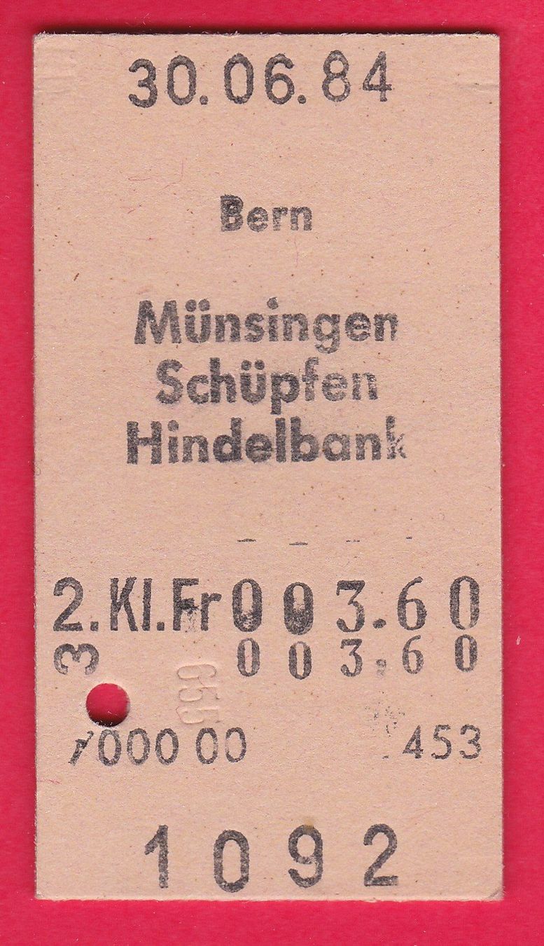 Biglietti: KARTON BILLETT, BERN - HINDELBANK, 2.KLASSE, EINFACH, 1984 – Usato da Oberrieden venduto da Gebirgsstelze
