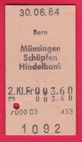KARTON BILLETT, BERN - HINDELBANK, 2.KLASSE, EINFACH, 1984