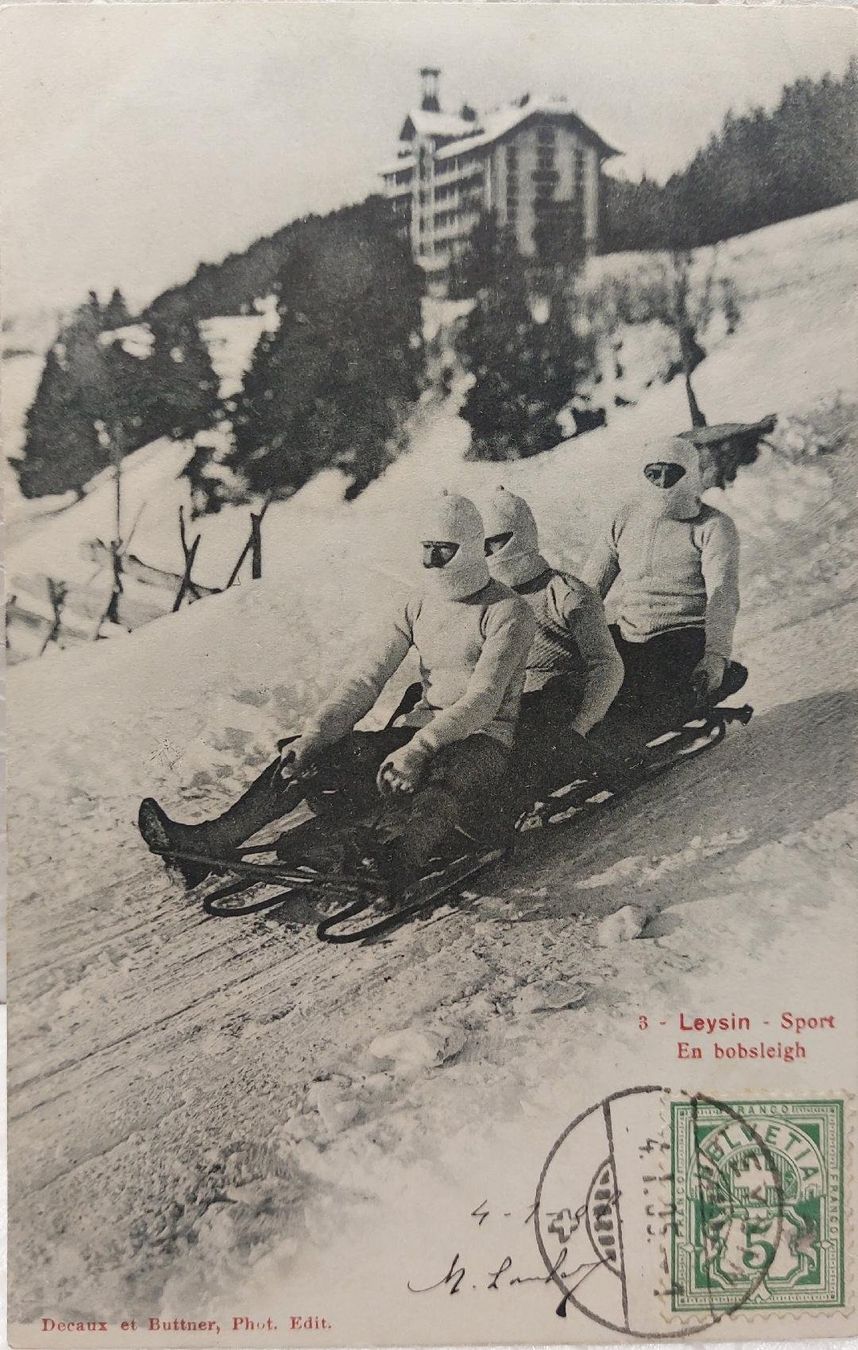 Cartoline postali: LEYSIN - Sport -  En bobsleigh - 1905 – Usato da Delémont venduto da Domdom1