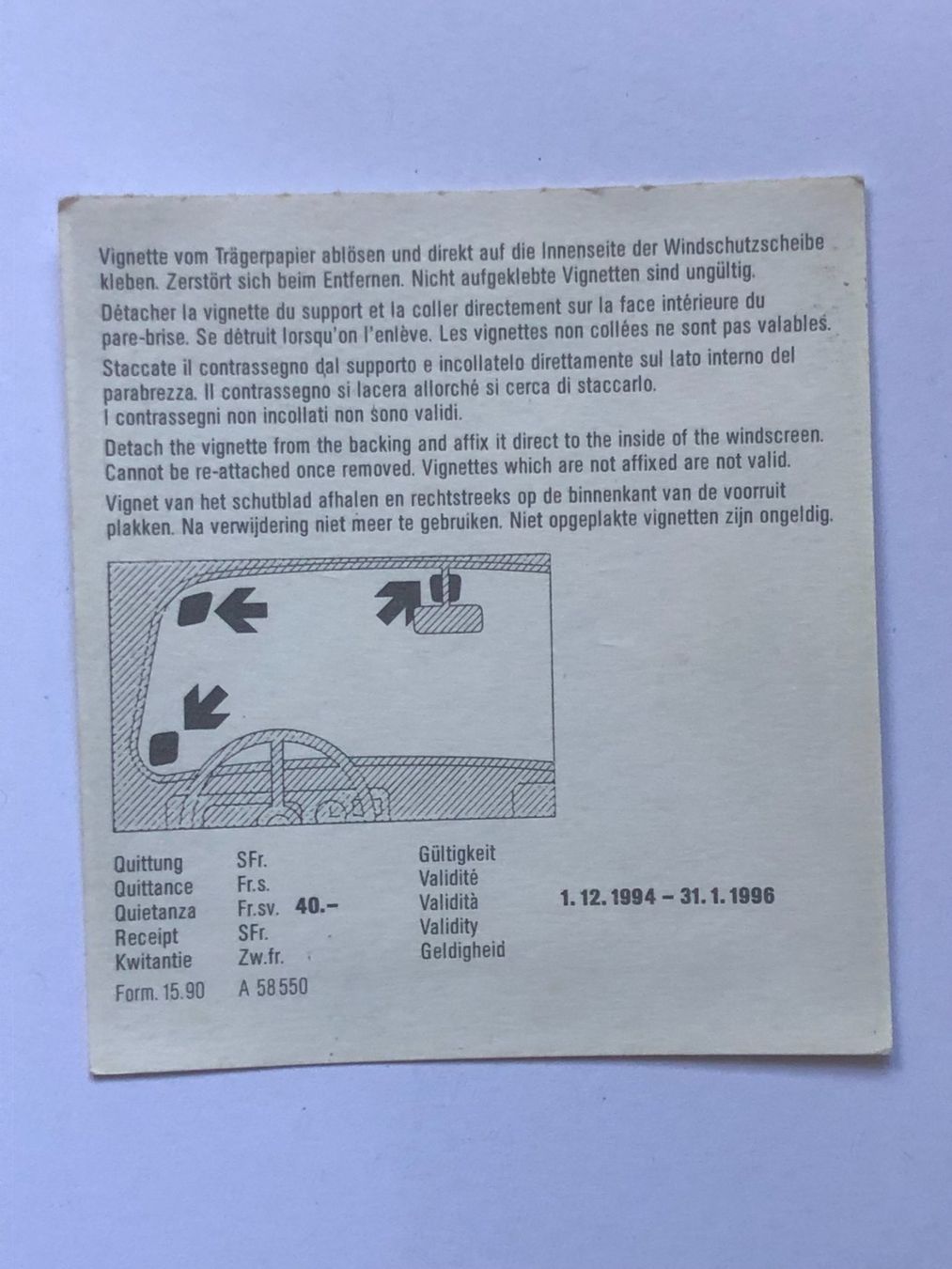 Autobahnvignetten: Autobahnvignette 1995 – Gebraucht aus Ganterschwil von ganterb 1