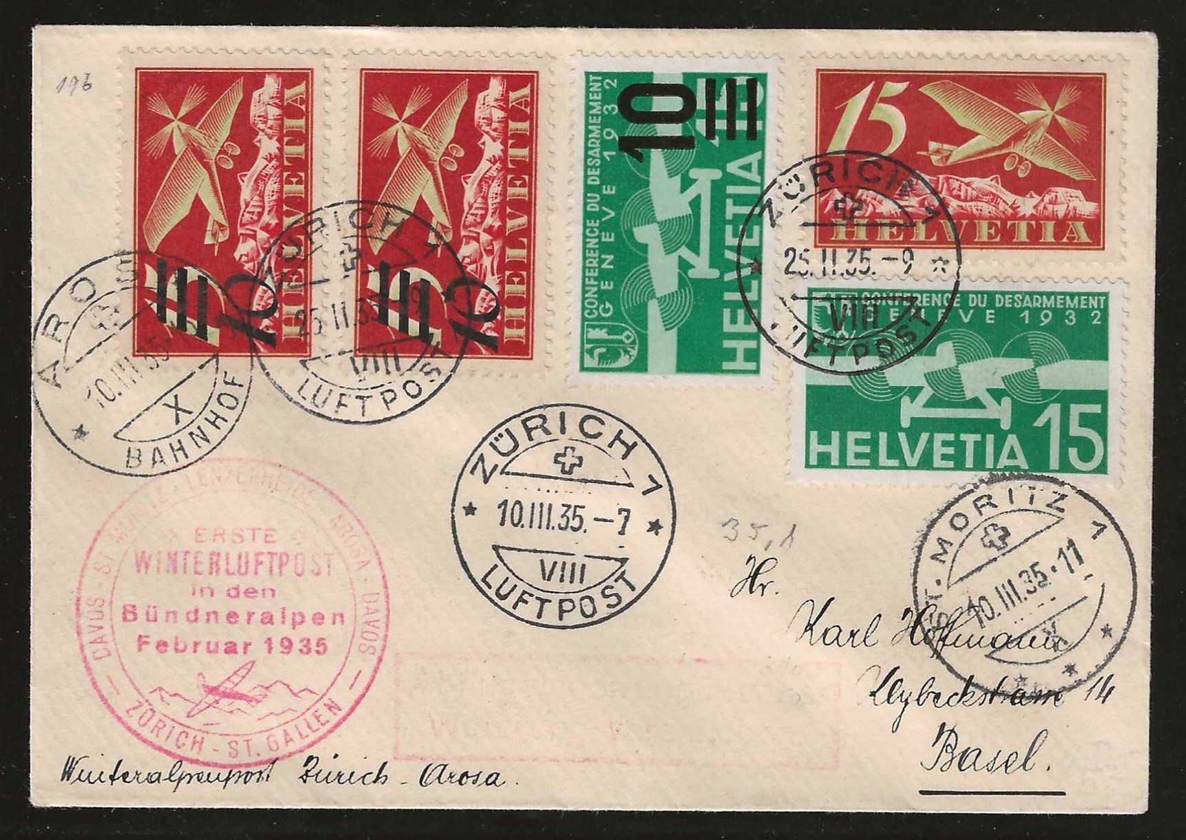 Tutti i francobolli: 1935 : Brief Winterluftpost, attraktiv frankiert – Usato da Gümligen venduto da Geniusbuy