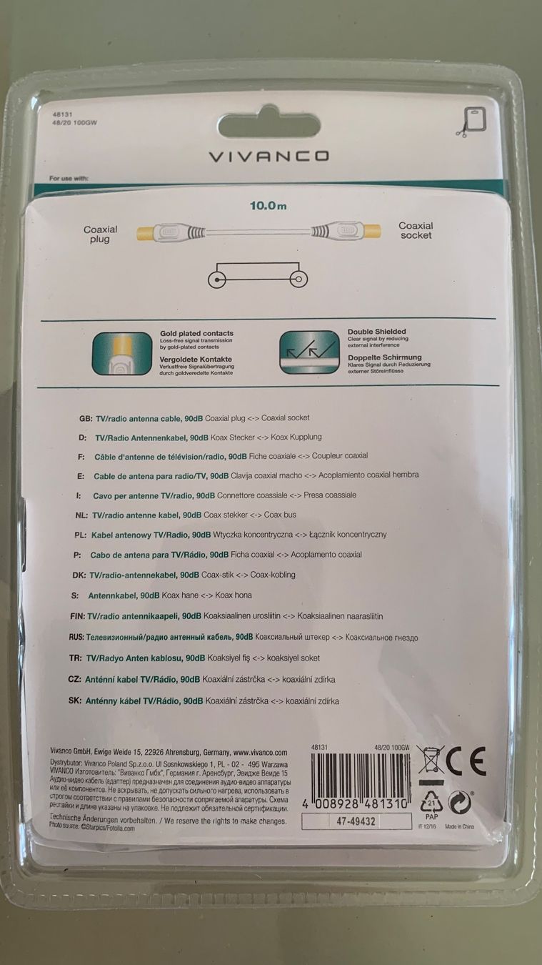 Cavi: TV/Radio Antennenkabel, 90dB – Nuovo e nell'imballaggio originale da Gossau SG venduto da ismetinho 1