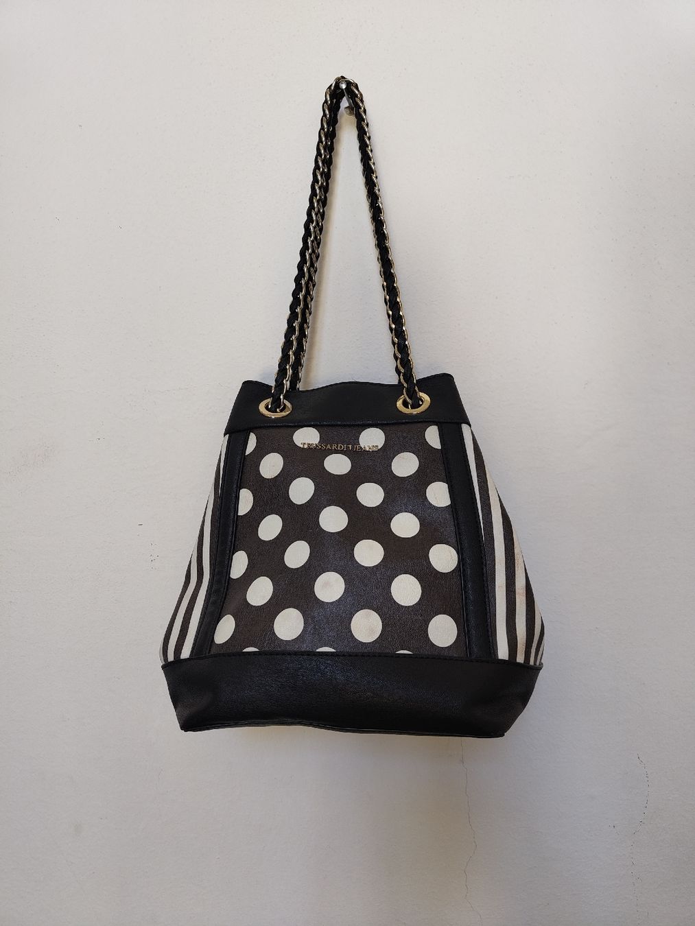 Trussardi Borse da donna: Borsa secchiello a pois e righe Trussardi Jeans e catena – Usato da Lugano venduto da mar_5j2q