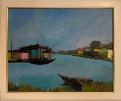 Dipinto olio su tavola, Paesaggio fluviale, D’Accardi, XX se