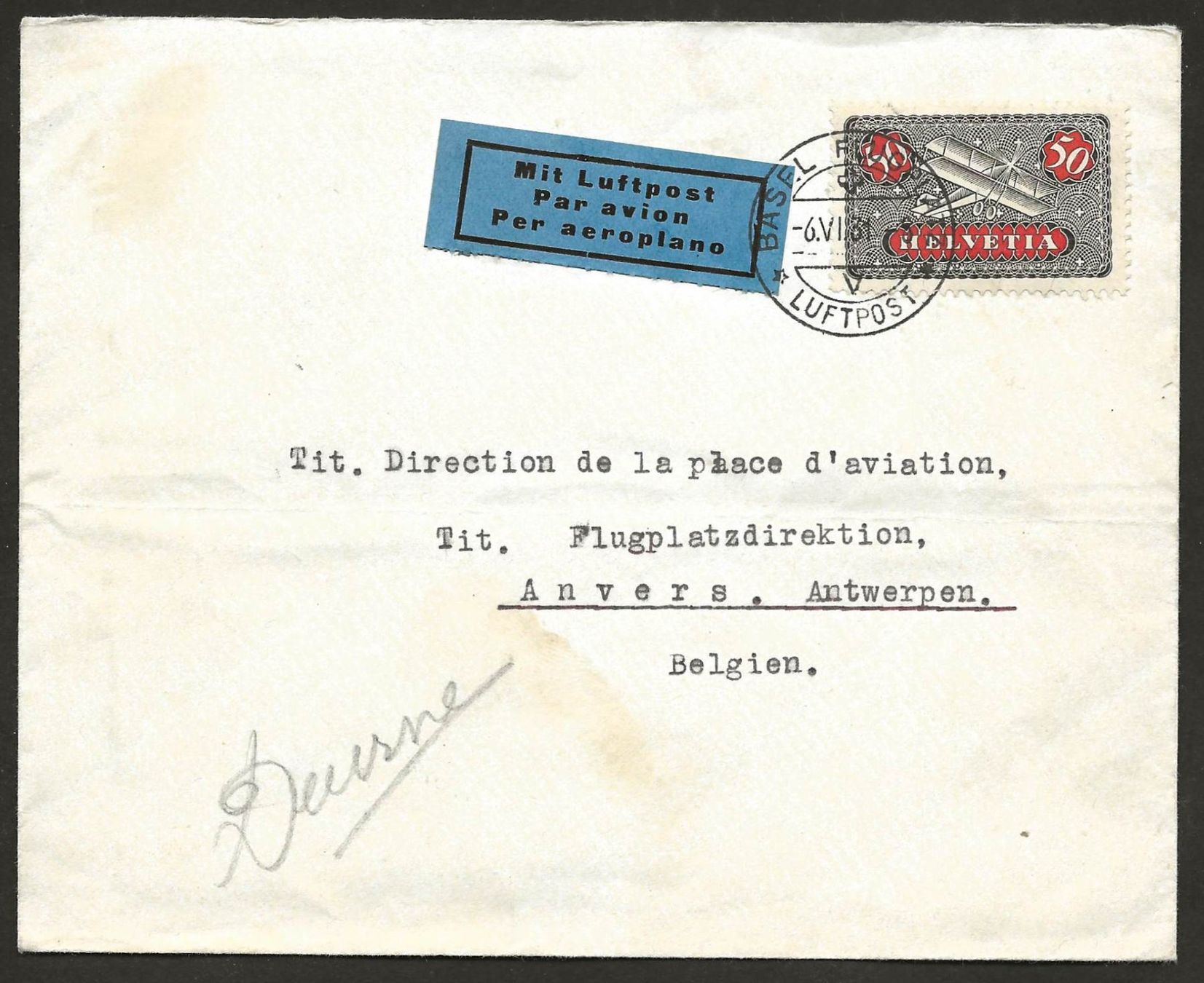 Tutti i francobolli: Flugpost Schweiz 1931 Basel Brüssel Antwerpen Luftpost – Usato da Au ZH venduto da xelagreb01