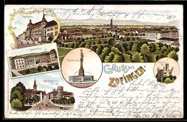 Lithographie Zofingen, Thutbrunnen, Bahnhofplatz, Schule und