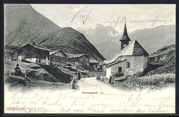 Cartes postales: AK Tschamutt, Strassenpartie mit Kirche – D'occasion à Berlin par bartko-reher