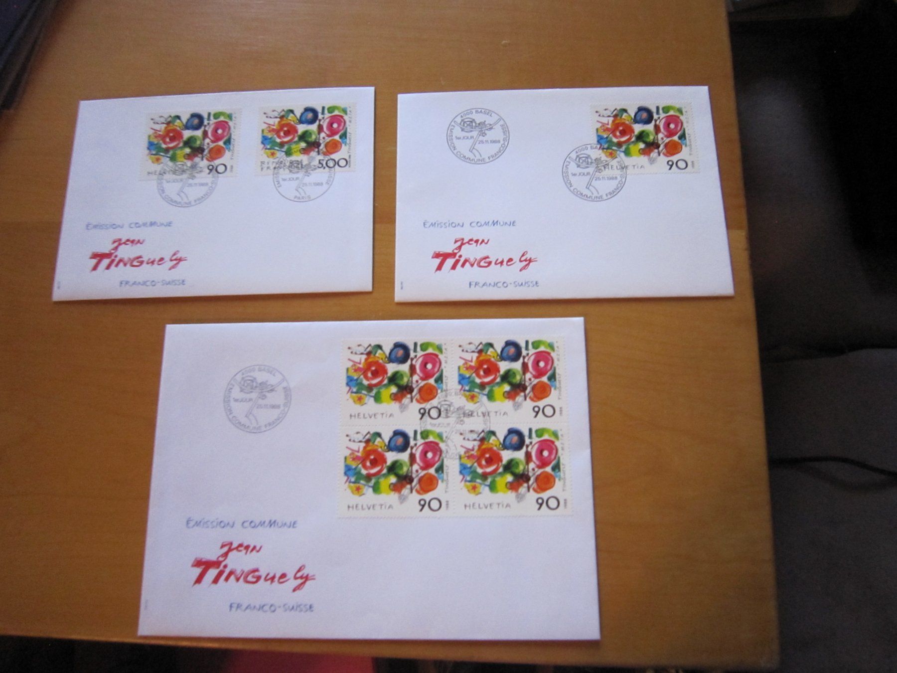 Tutti i francobolli: CH 1988 FDC Tinguely mit grossbrief 4er Block – Usato da Gordola venduto da Polentaefung