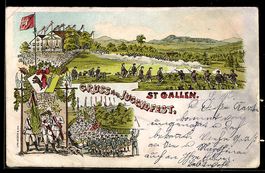 Lithographie St. Gallen, Gruss vom Jugendfest, Festumzug und