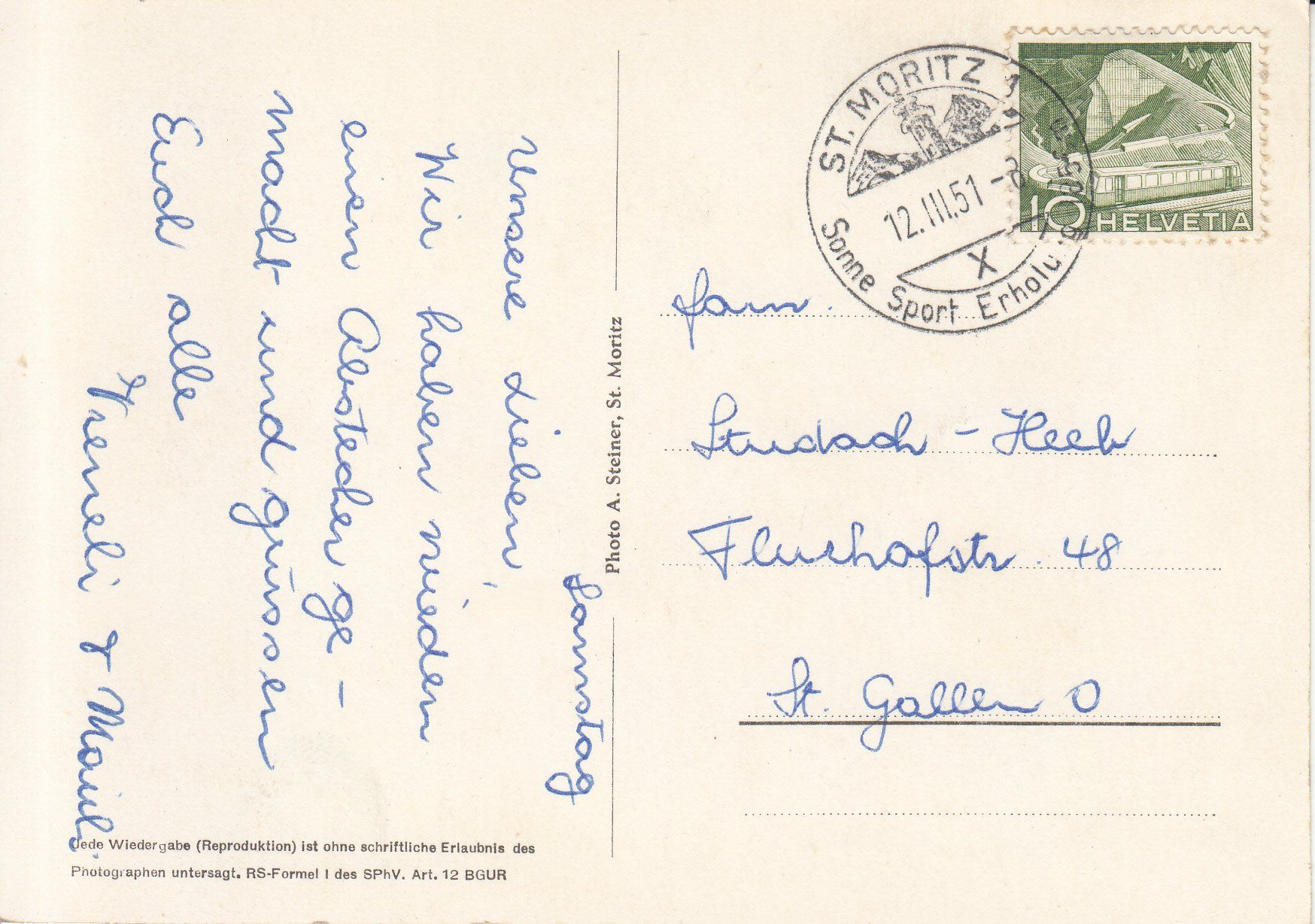 Cartoline postali: St. Moritz 1951 – Usato da Bürglen TG venduto da StampGraf 1