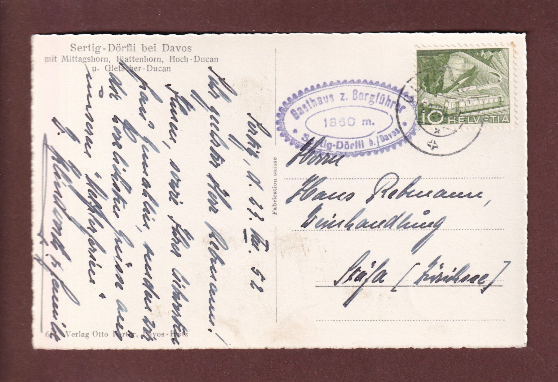 Cartoline postali: SERTIG-DÖRFLI bei Davos - 1952 – Usato da Pully venduto da nicecards 1