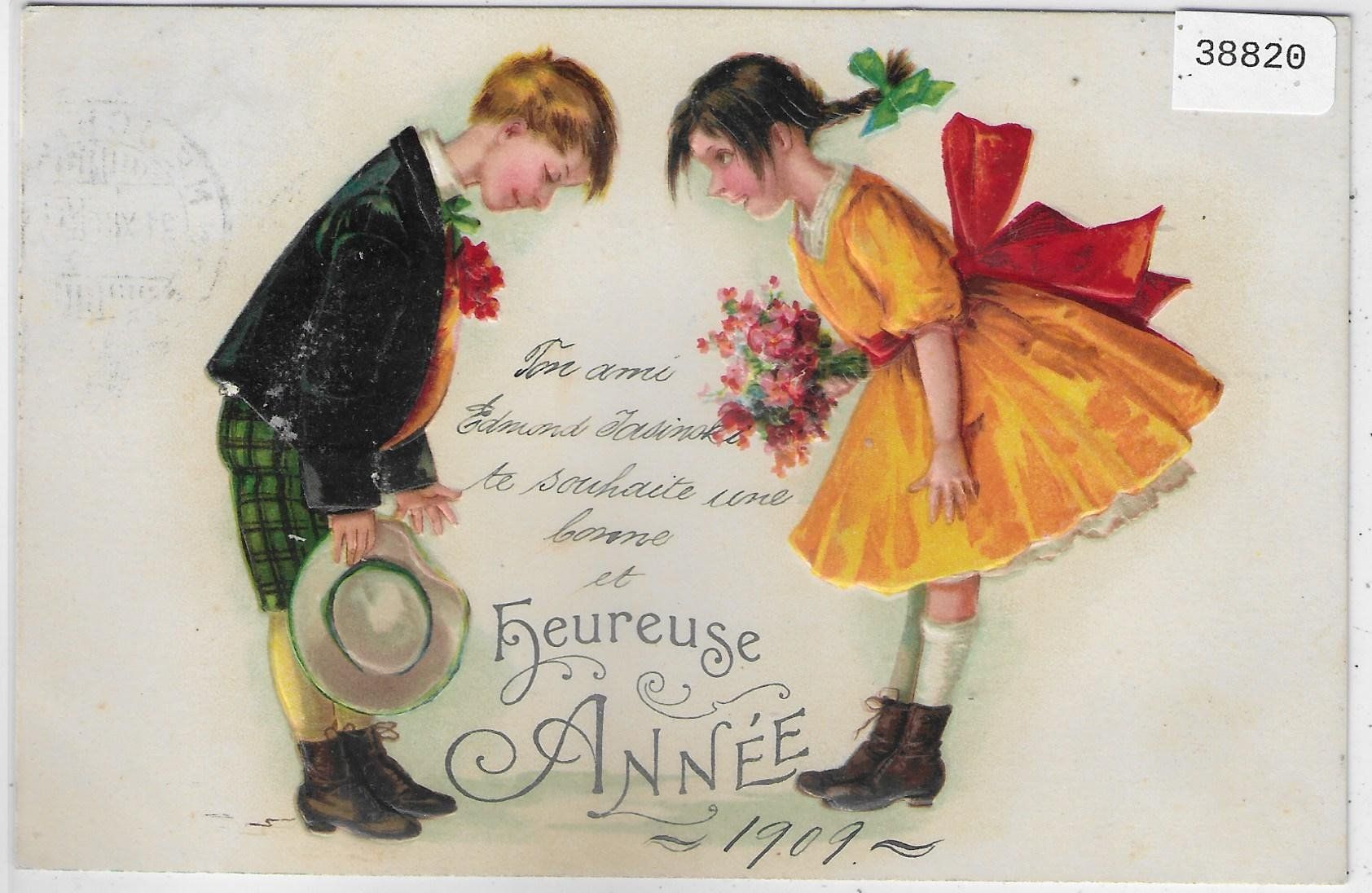 Cartoline postali: Heureuse Annee - 2 Kinder - Präge-Litho – Usato da Ettingen venduto da Kartenplanet