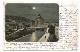 Gruss aus Appenzell (AI) Kirche Sitter Mondschein-Litho 1899