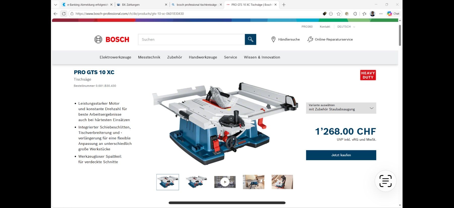 Bosch Seghe: Tisch-Kreissäge PRO GTS 10 XC – Nuovo e nell'imballaggio originale da Niederlenz venduto da sunshine4444
