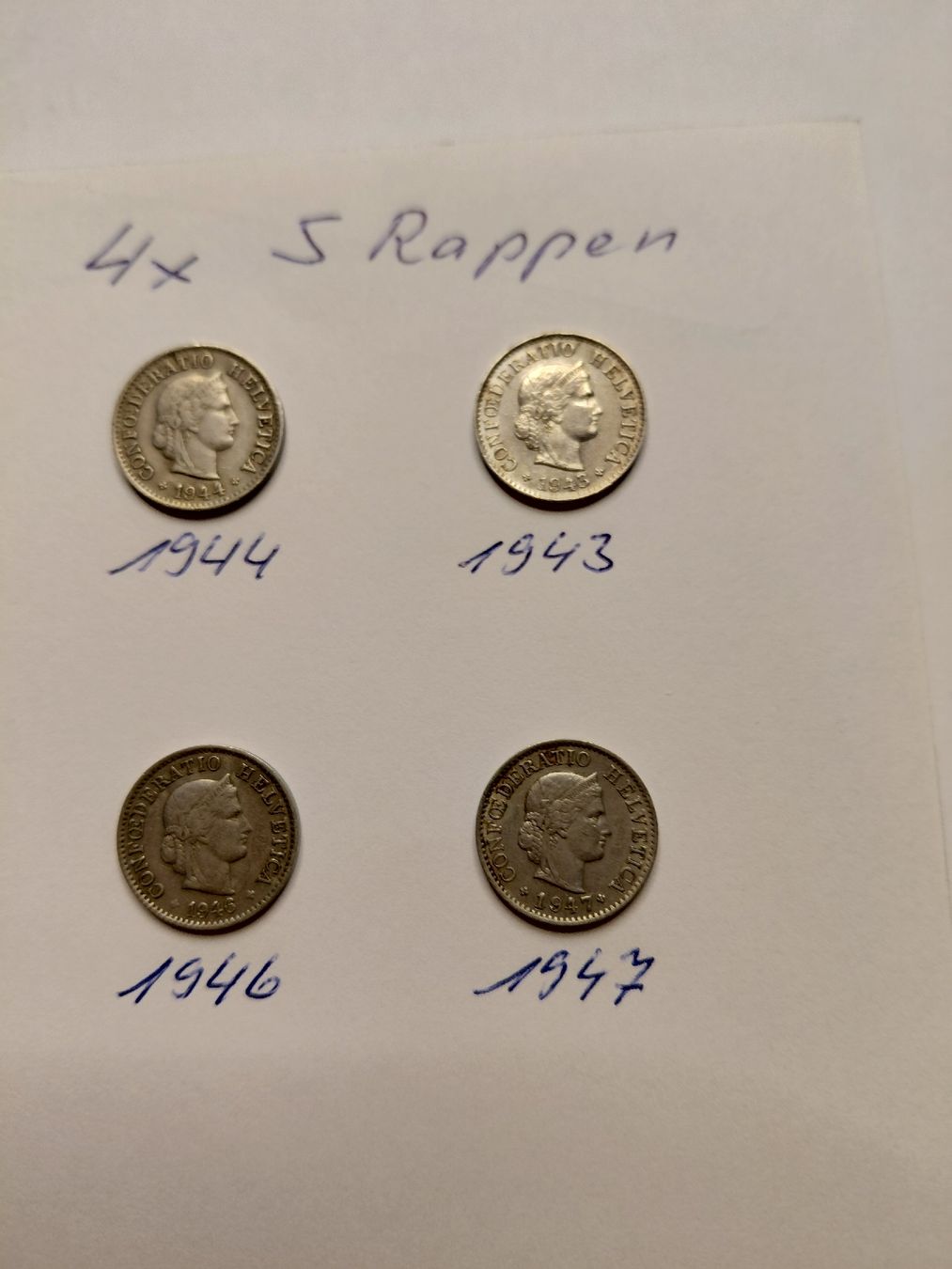 Tutti le monete: 4x 5 Rappen 1944, 43, 46 und 1947 – Usato da Bonaduz venduto da topolino052