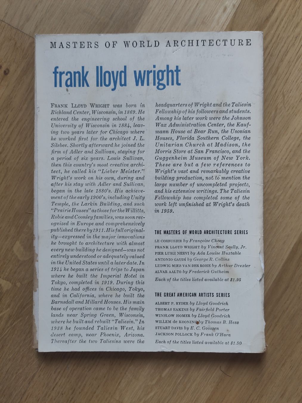 Libri: Frank Lloyd Wright (Masters of World Architecture) – Usato da Zürich venduto da Hoernli123 5