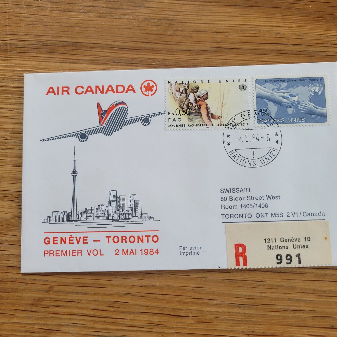 Tutti i francobolli: Luftpost Genève Toronto 1984 – Usato da Biel/Bienne venduto da Destockweb