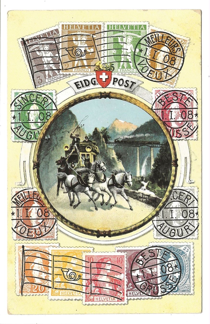 Ansichtskarten: Briefmarken - Eidg. Post - Postkutsche am Gotthard - 1908 – Gebraucht aus Engelburg von Cartophil
